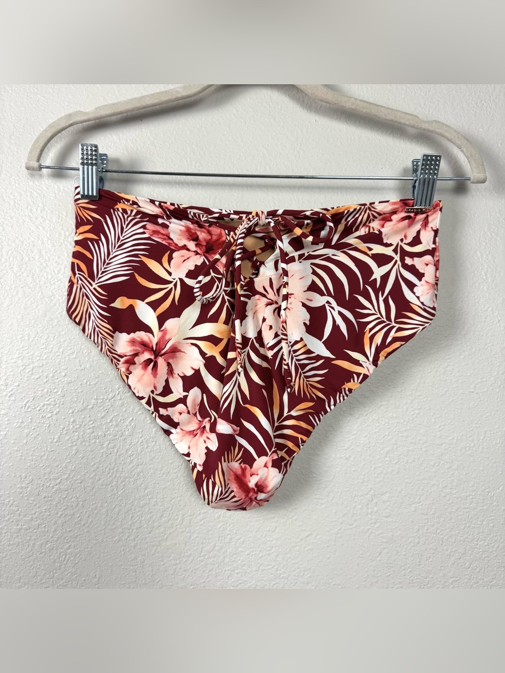 Radio Fiji NEW Lace Up Back Bikini Bottoms Hi Waisted Maroon Tropical Print sz M
